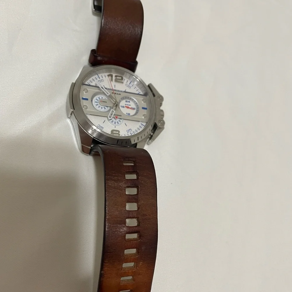 Diesel Men’s Silver Case Watch with White Dial and Brown Leather Strap